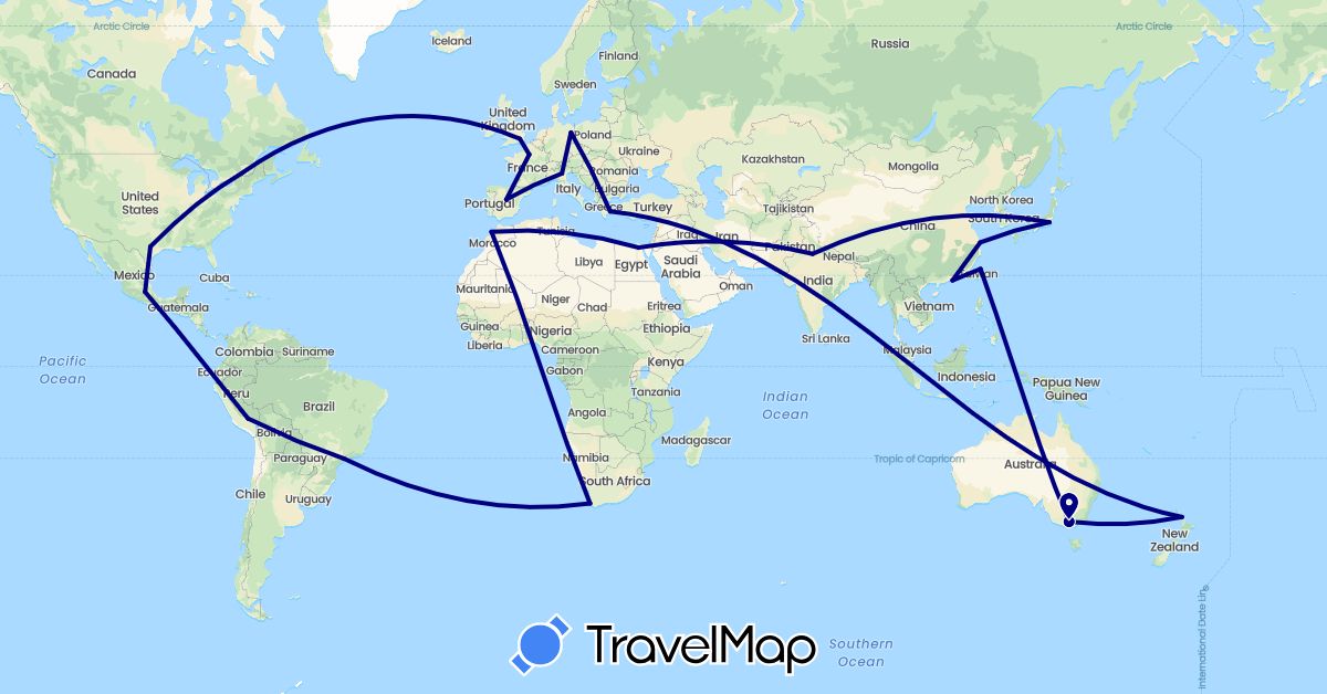 TravelMap itinerary: driving in Australia, Brazil, Canada, China, Germany, Egypt, Spain, France, United Kingdom, Greece, India, Italy, Japan, Morocco, Mexico, New Zealand, Peru, Taiwan, United States, South Africa (Africa, Asia, Europe, North America, Oceania, South America)